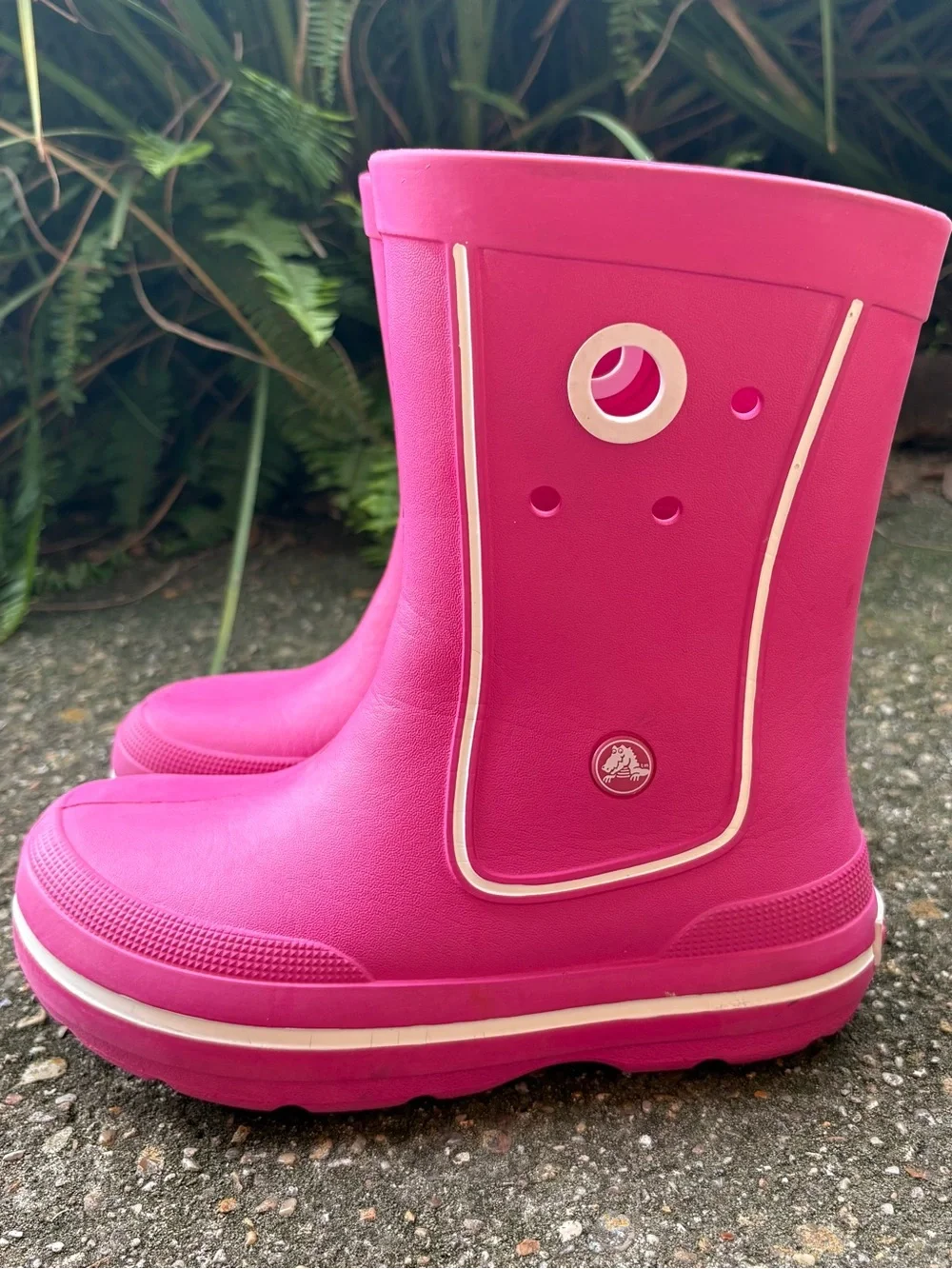 Crocs Jaunt Youth Girls Sz 3 Pink Rain Boots Mud Puddle Pull On Waterproof